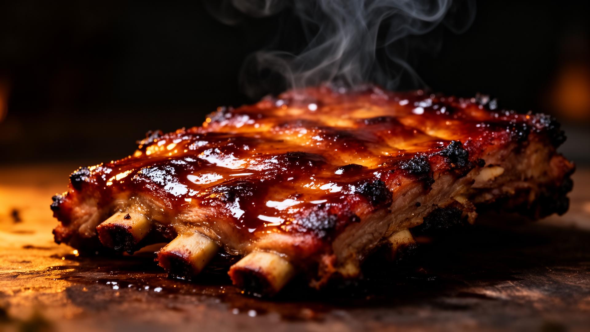Smoked ribs with steam rising